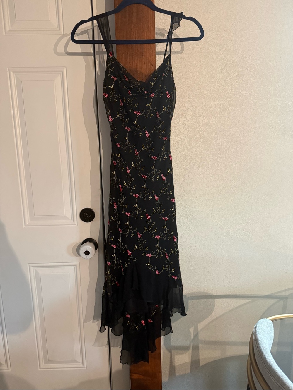 Silk blend Betsey Johnson Black Slip Dress with Pink & Green Floral Embroidery